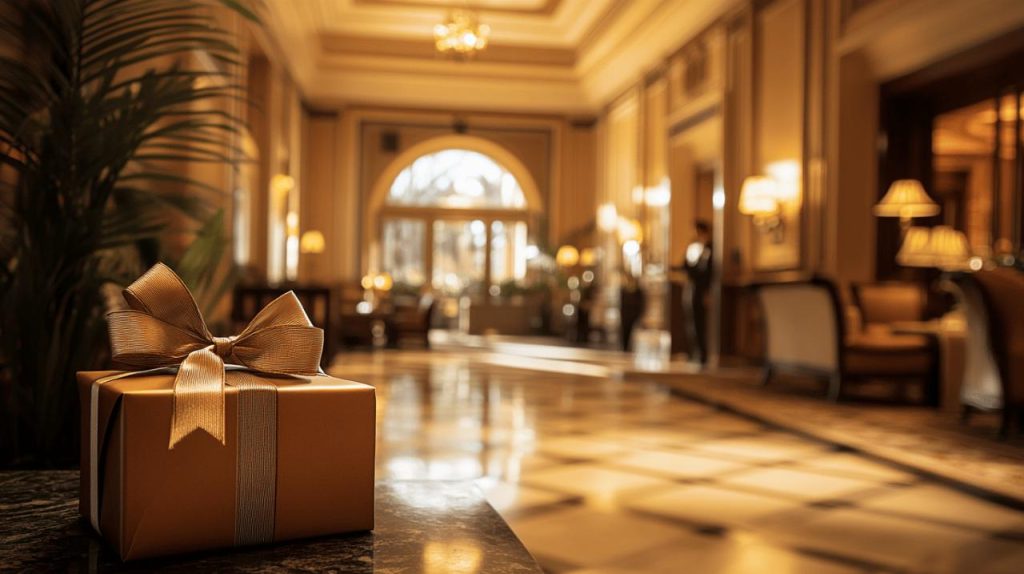 Salon d’hôtel élégant avec une carte cadeau fête des mères déposée sur une table, prête à offrir
