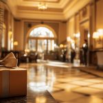 Salon d’hôtel élégant avec une carte cadeau fête des mères déposée sur une table, prête à offrir