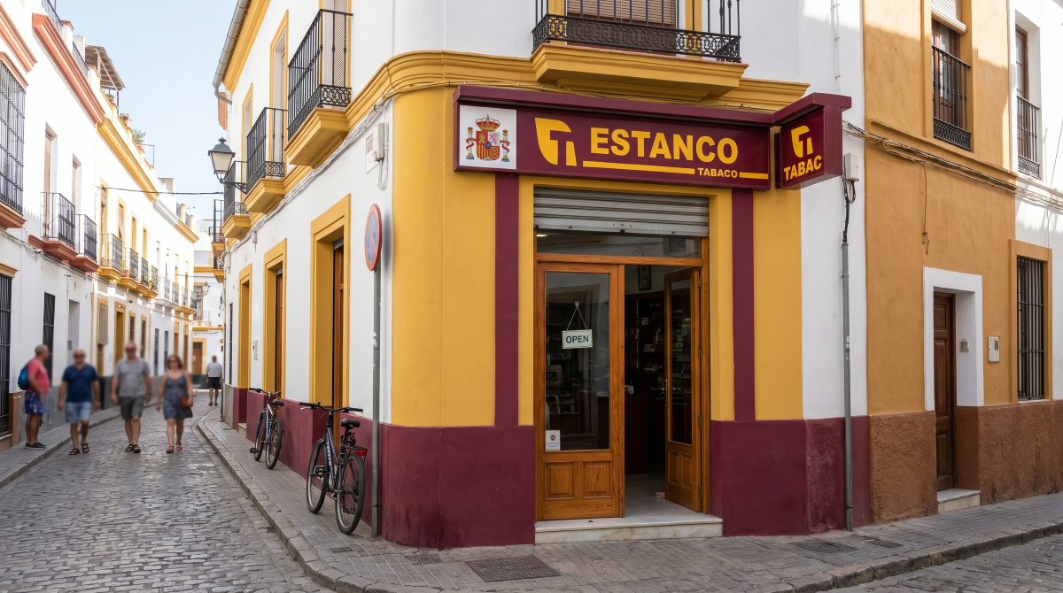 Devanture d'un bureau de tabac officiel illustrant le prix tabac espagne en 2026.