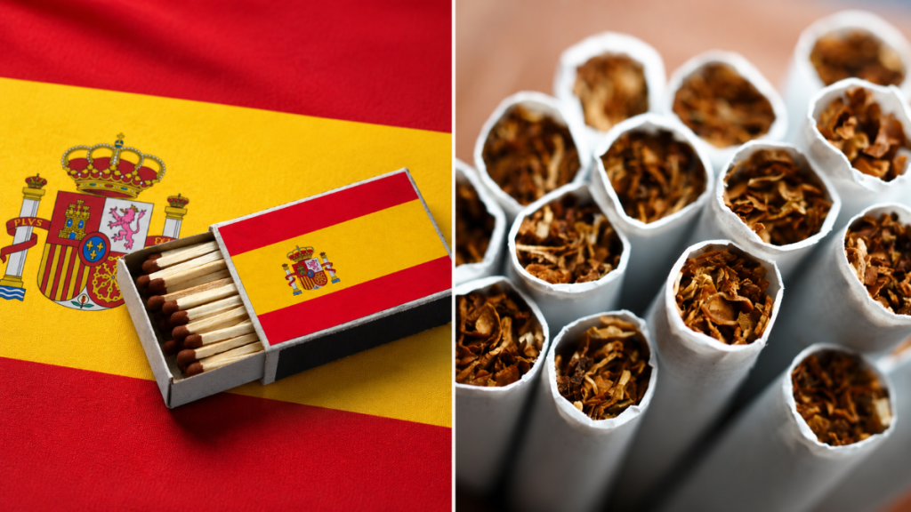 Composition avec drapeau national et tabac illustrant la fiscalité du prix tabac espagne.